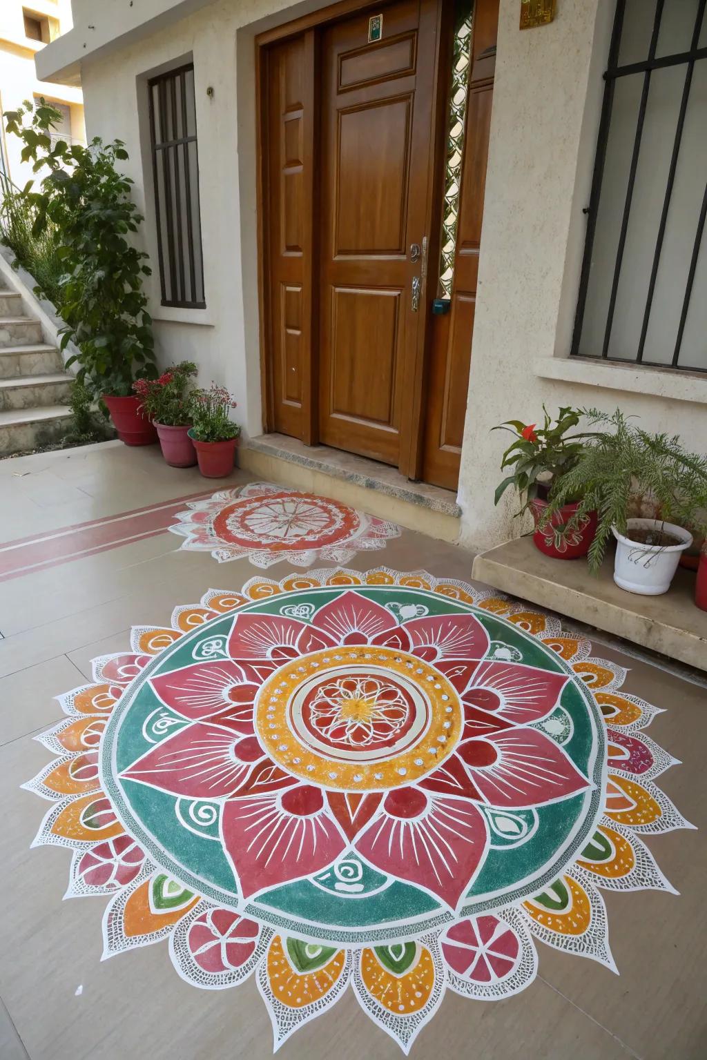 Symmetry in rangoli represents balance and harmony, ideal for festive events.