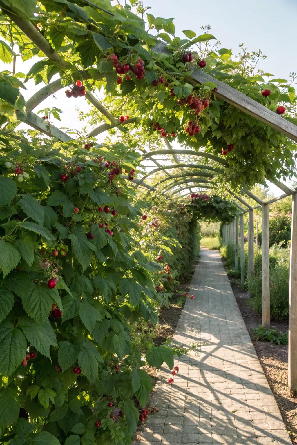 The T-frame trellis is perfectly suited for supporting the lateral spread of raspberry plants.