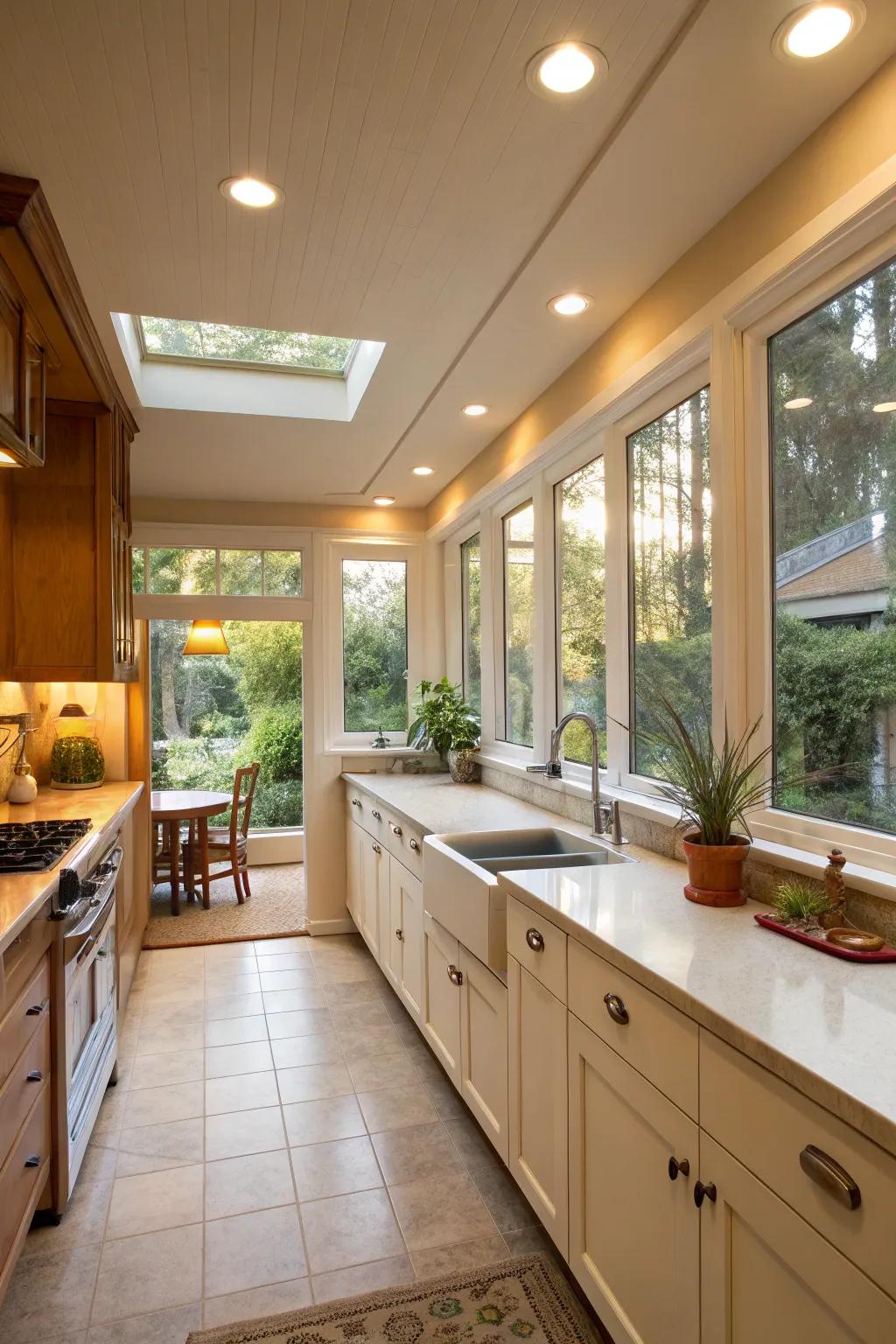 Sunlight and downlighting harmonize for a luminous, airy kitchen.