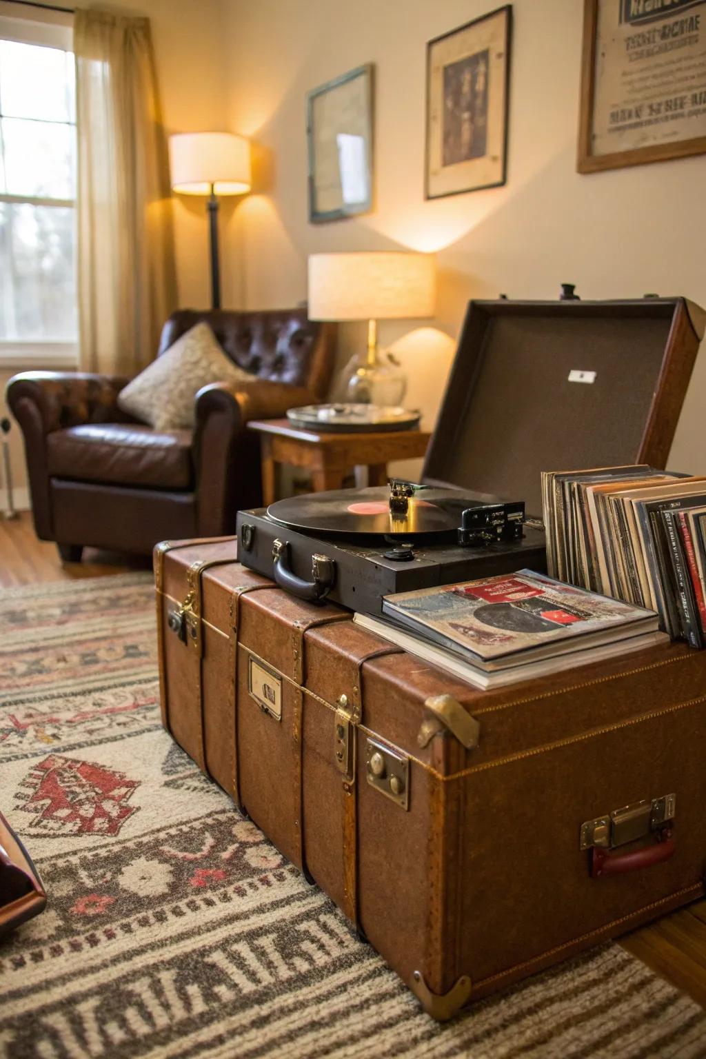 Funky record player space that features a vintage suitcase stand.