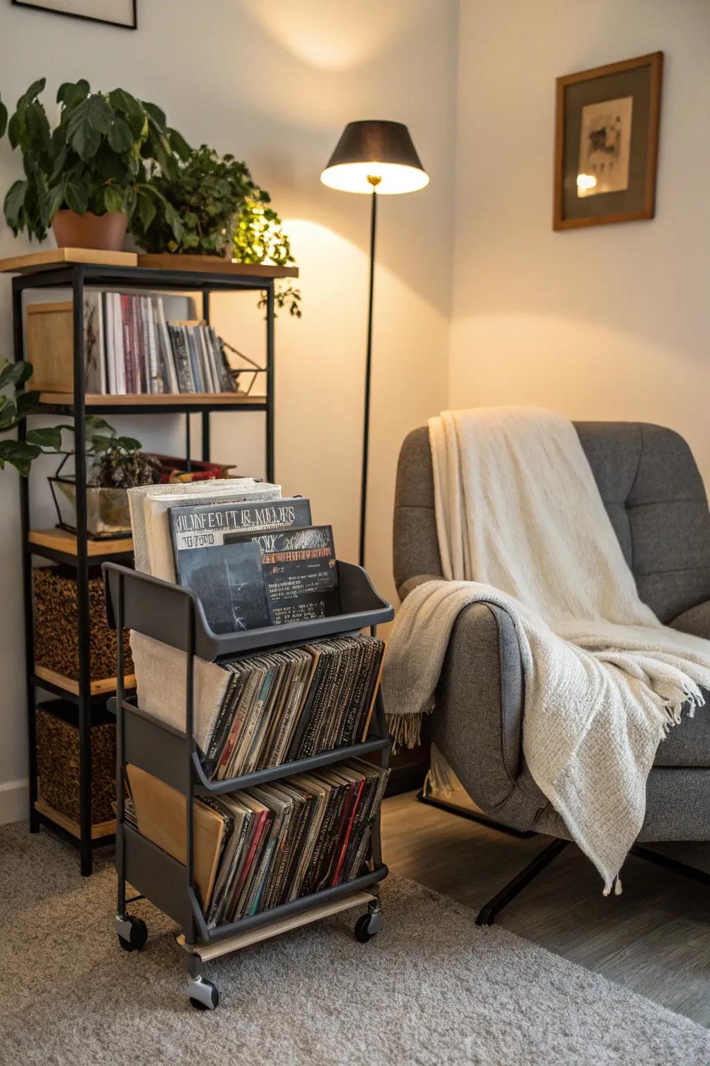 A transportable rack maintains your vinyl compilation adaptable and accessible.