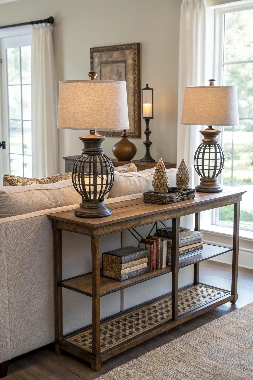 Console tables enhance functionality and style when placed behind sofas.