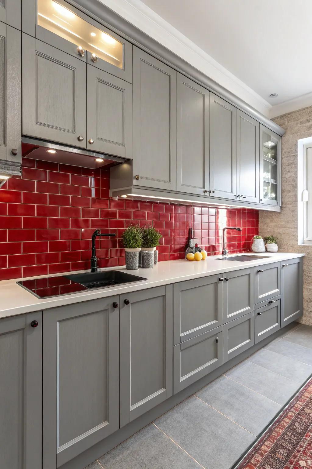 A culinary space with grey cabinetry enhanced by a red backsplash.