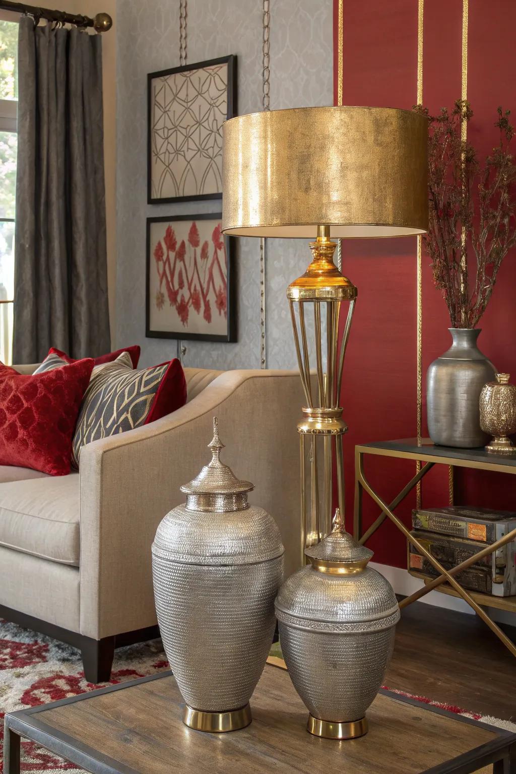 Metallic finishes lend a touch of sophistication to the color scheme.