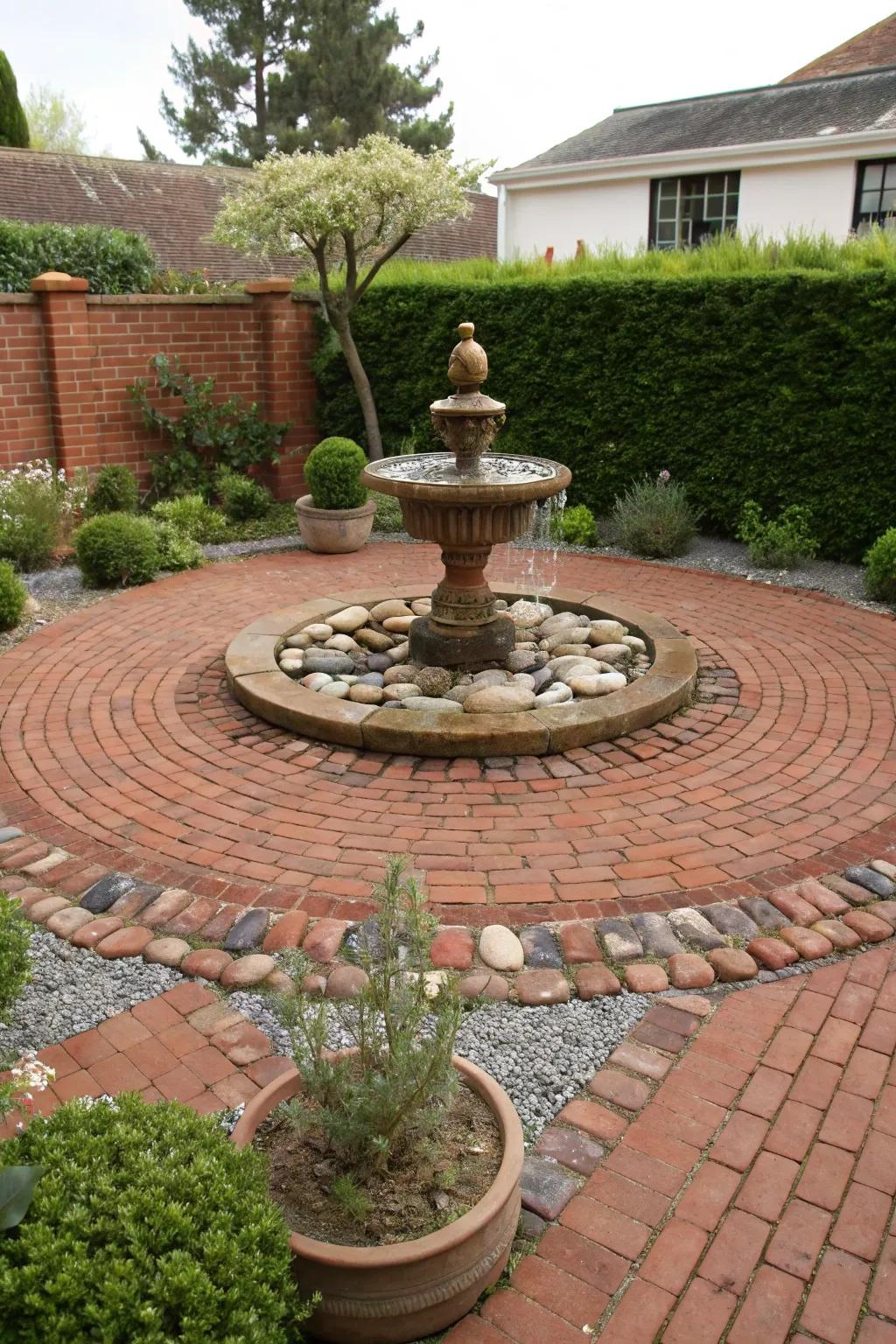 A tranquil red brick patio featuring a soothing water element