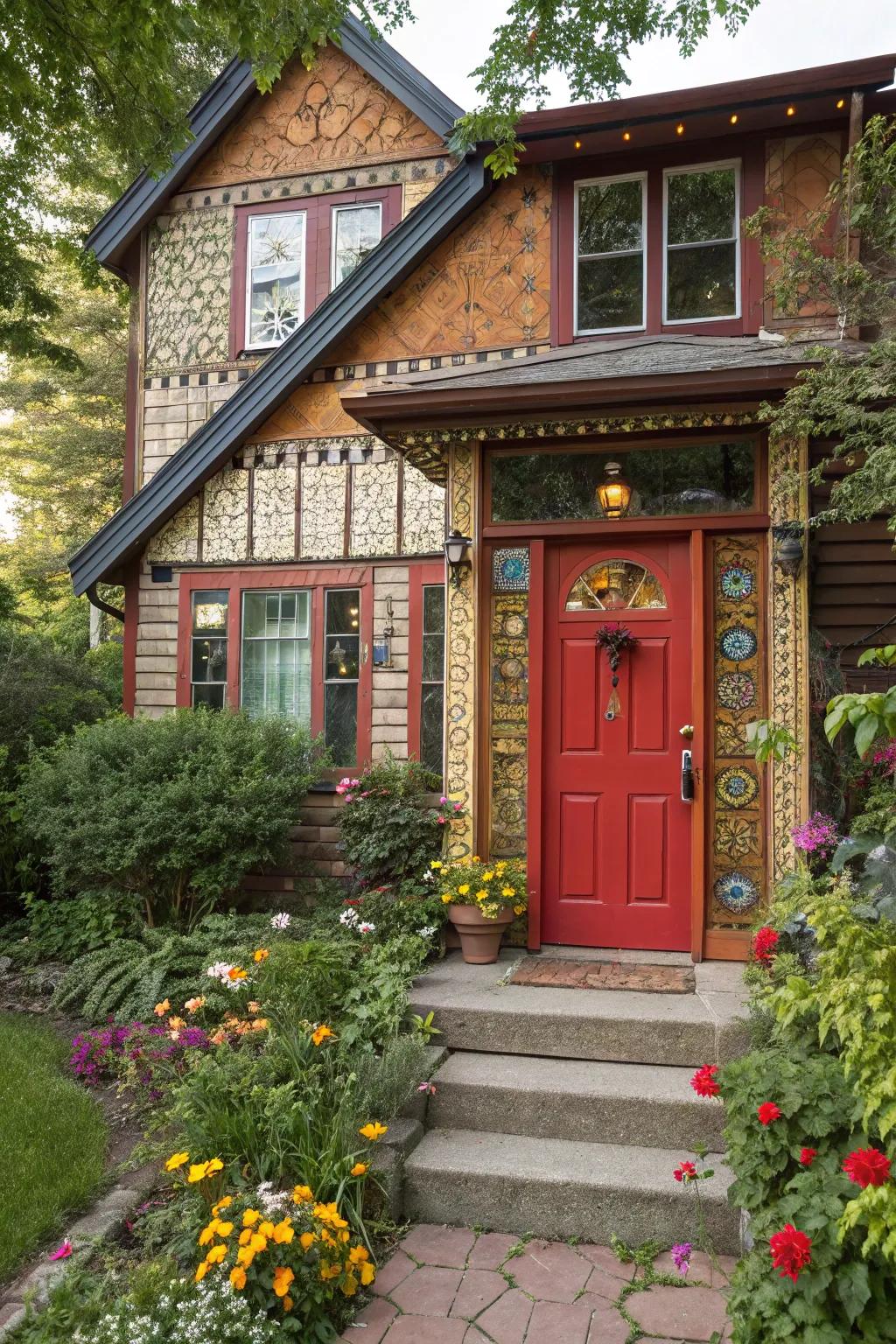 Eclectic residence featuring a striking red door, celebrating individuality.