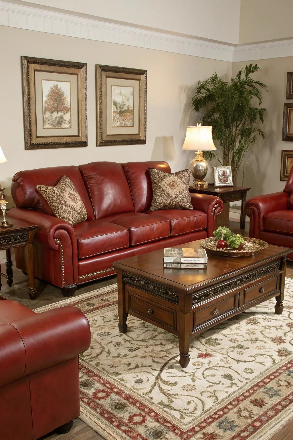 Harmonized décor enhances the unity and equilibrium of a space featuring a scarlet hide settee.