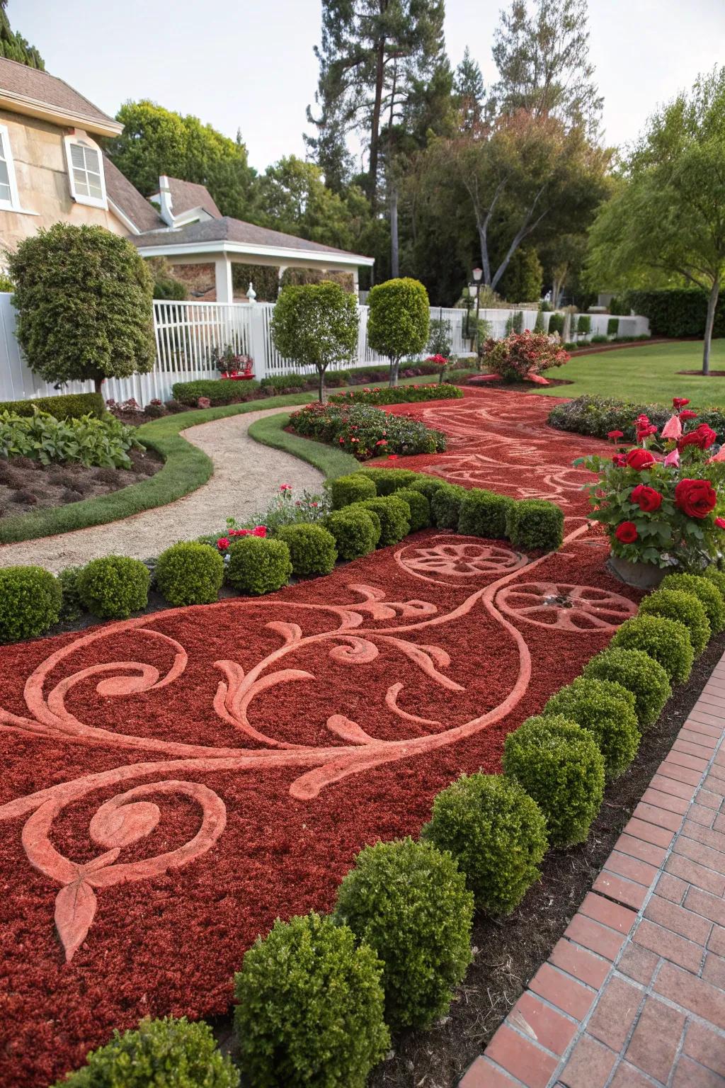 Patterned red mulch designs transform ordinary gardens into unique masterpieces.