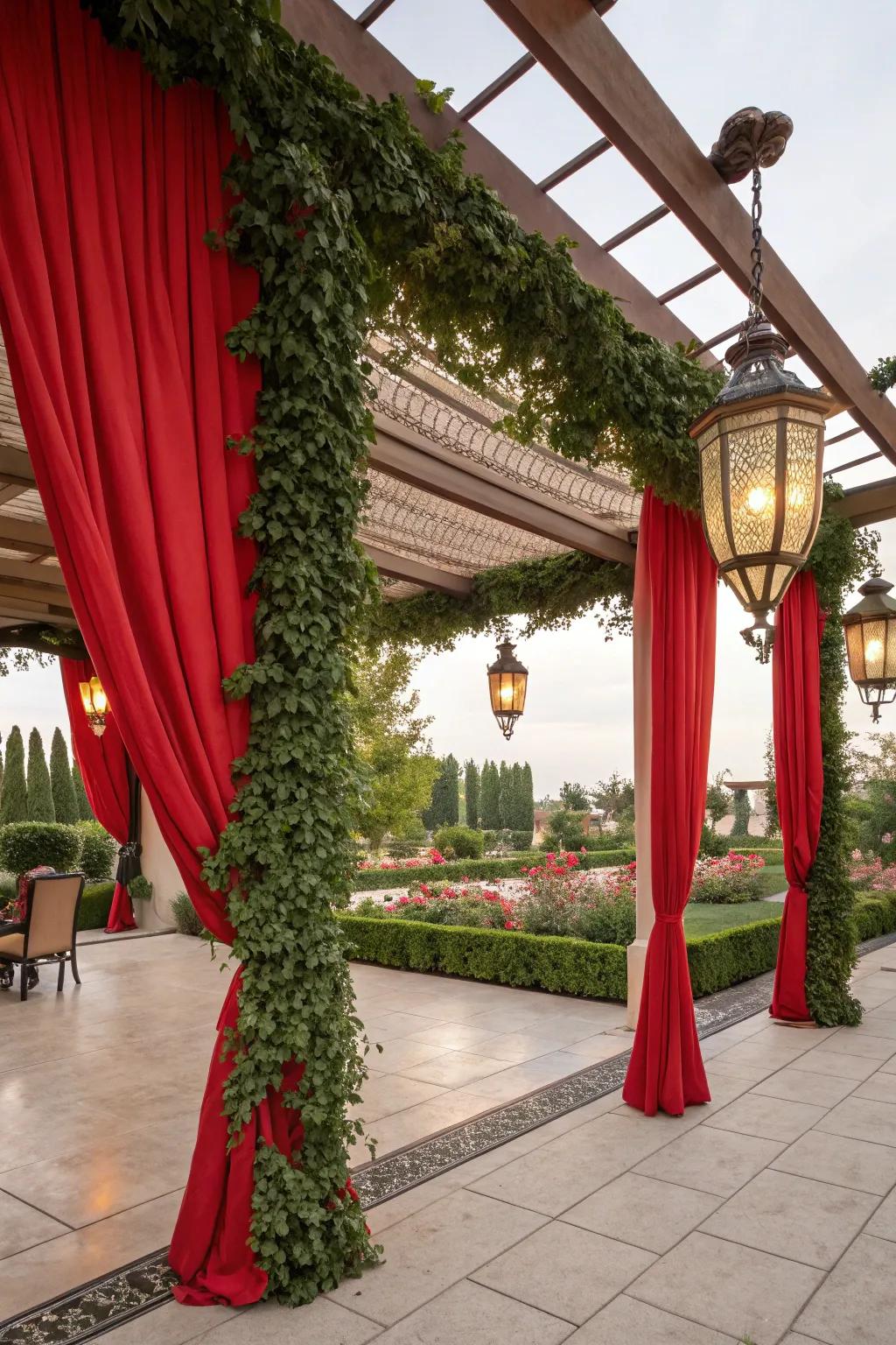 Scarlet curtains and lights amplify the pergola's charm.