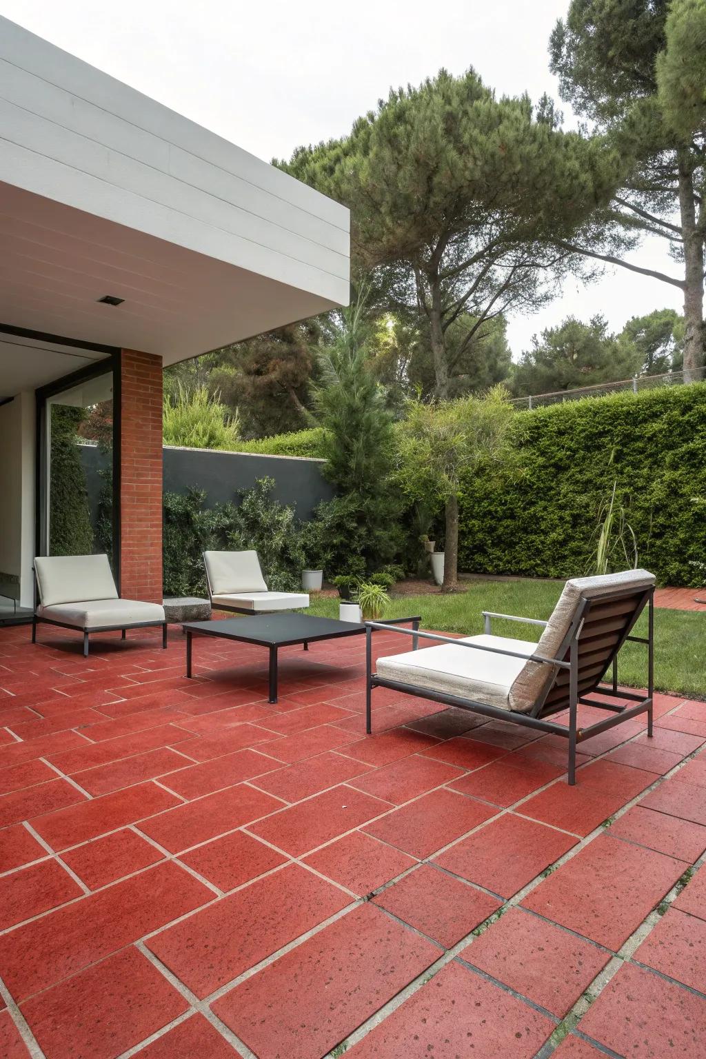 Minimalist design meets the vibrant appeal of crimson pavers.
