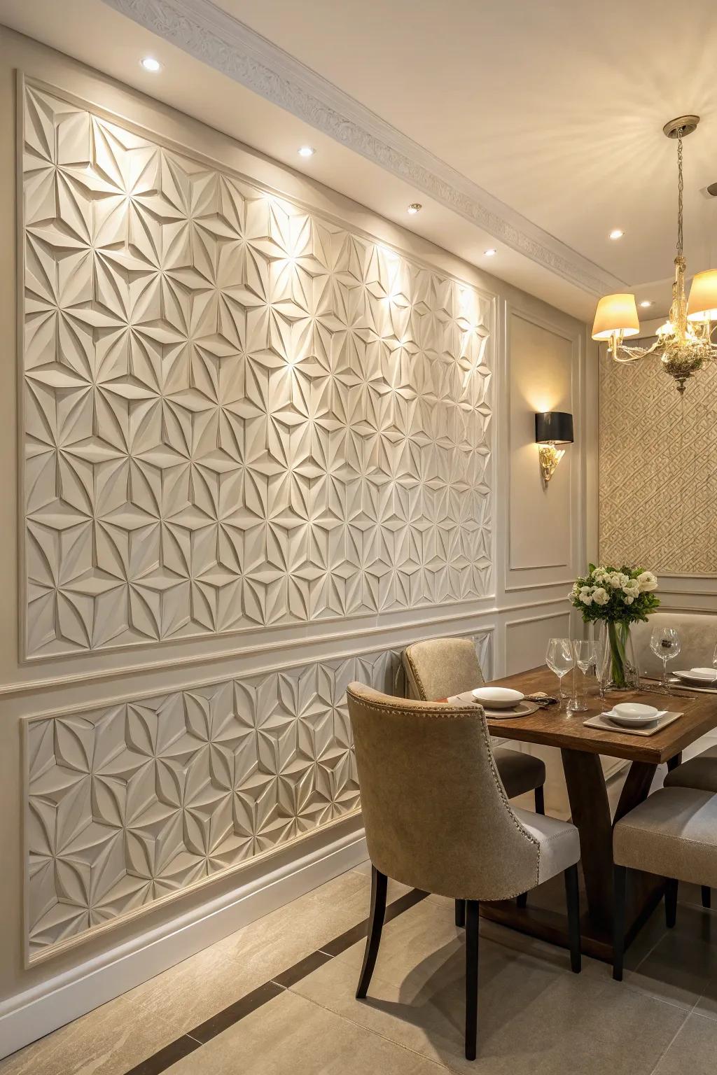 Three-dimensional textured tiles contribute depth and intrigue to this dining space.
