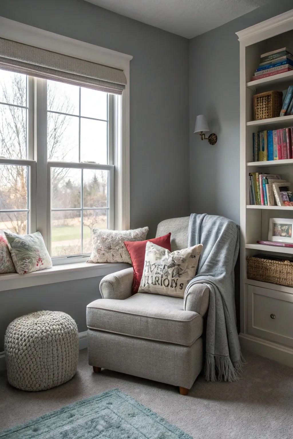 A relaxation spot provides a tranquil retreat in a repose gray bedroom.