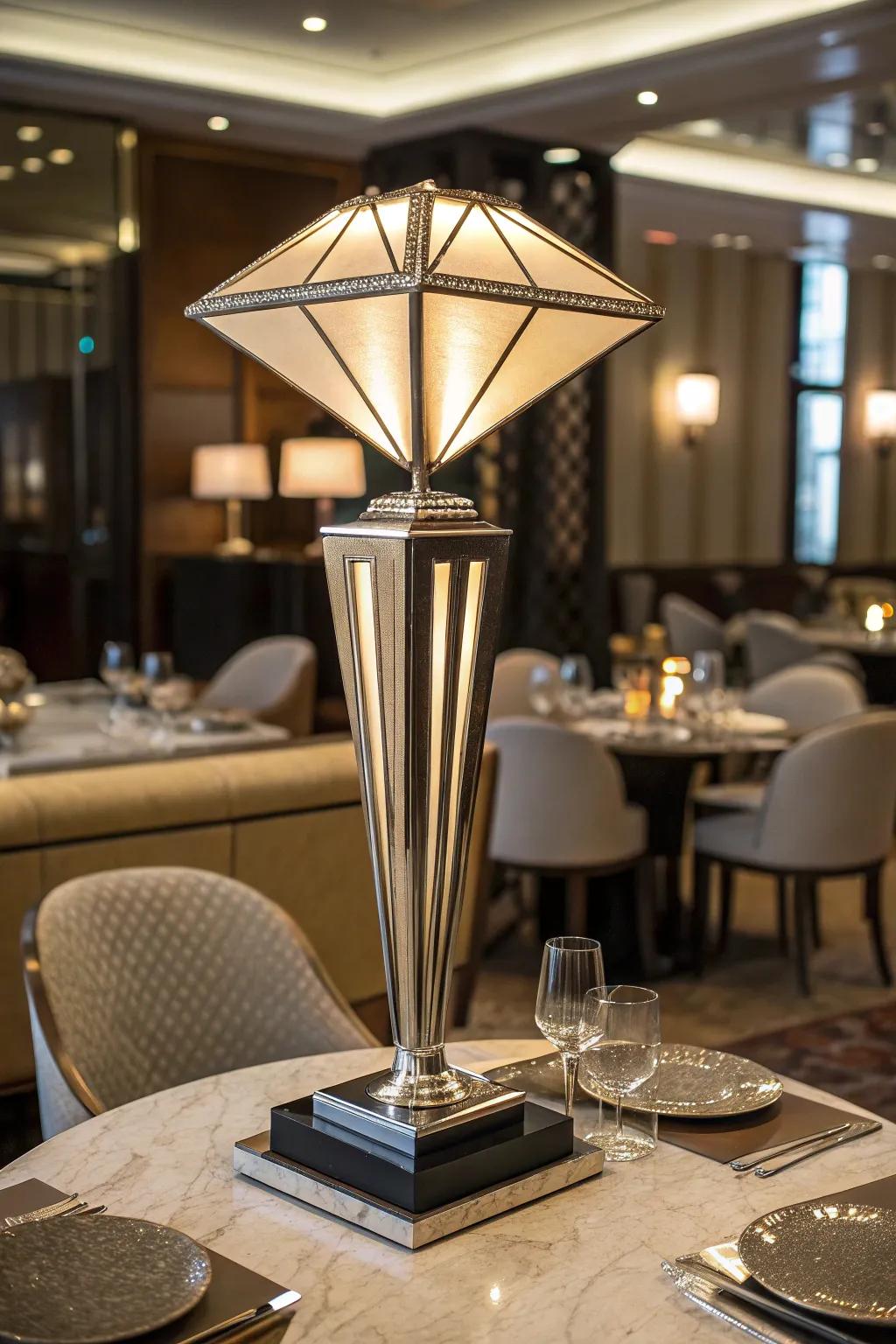 Art Deco table lamp with geometric design positioned on a luxurious restaurant table.