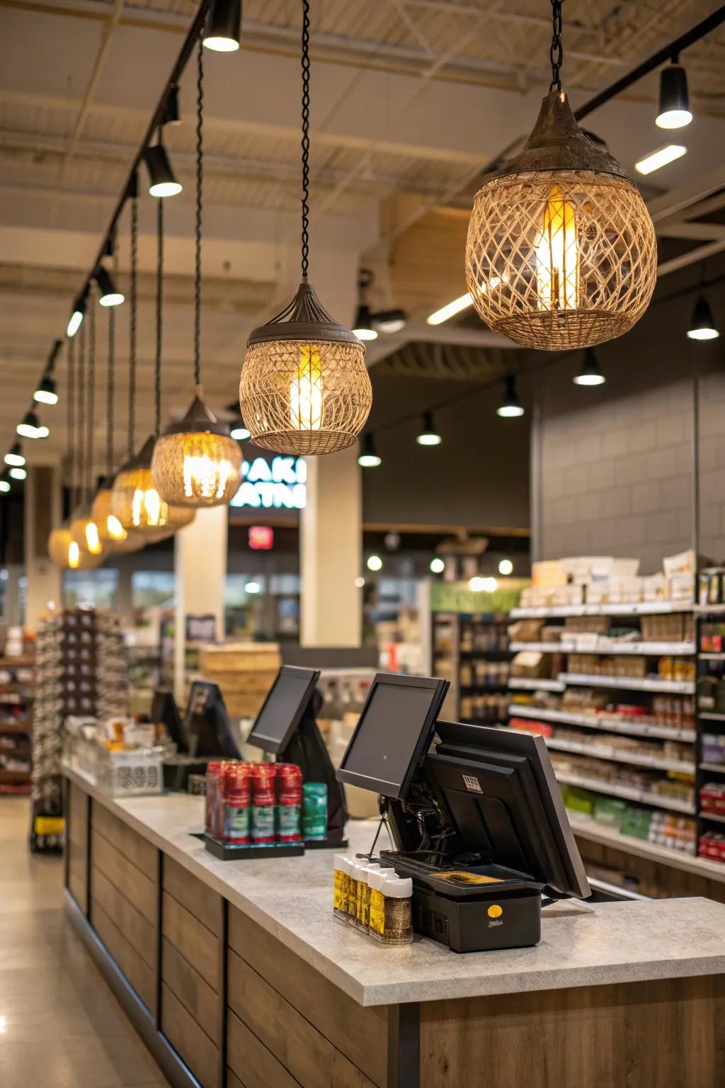 Hanging lights adding elegance and emphasis in a store setting.