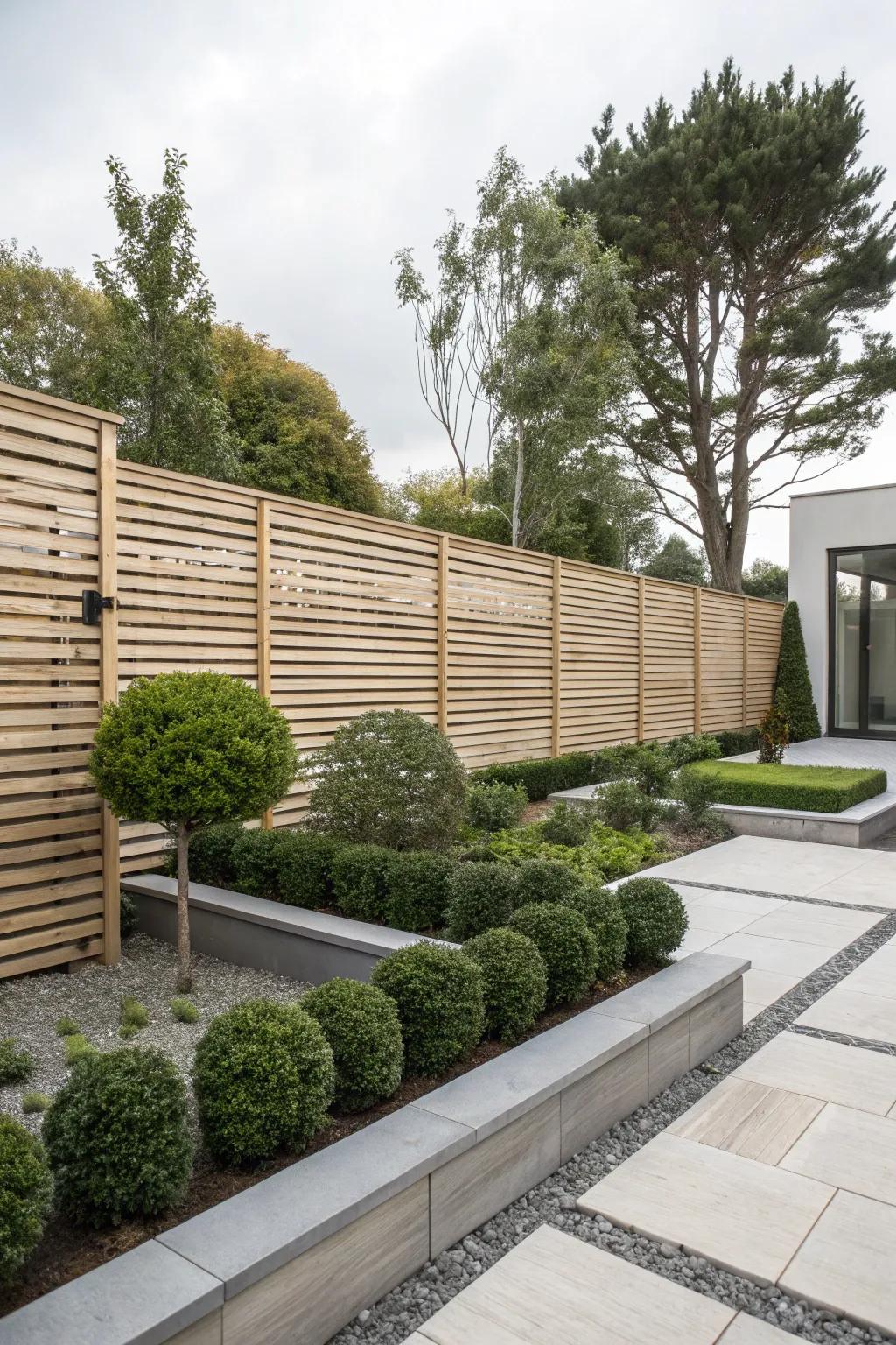 Contemporary horizontal wooden slat fencing defining a minimalist garden.