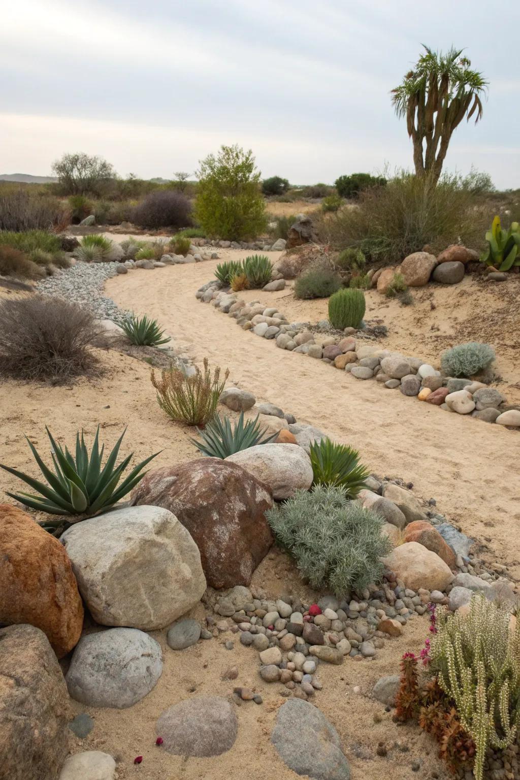 Construct a striking rock garden featuring pebbles and succulents.