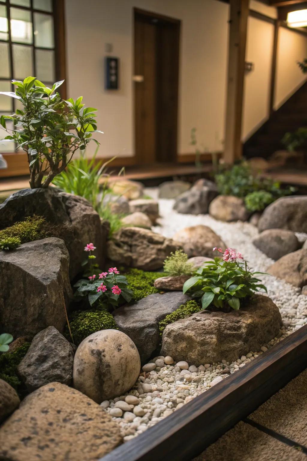 A corner, displaying an indoor rock garden