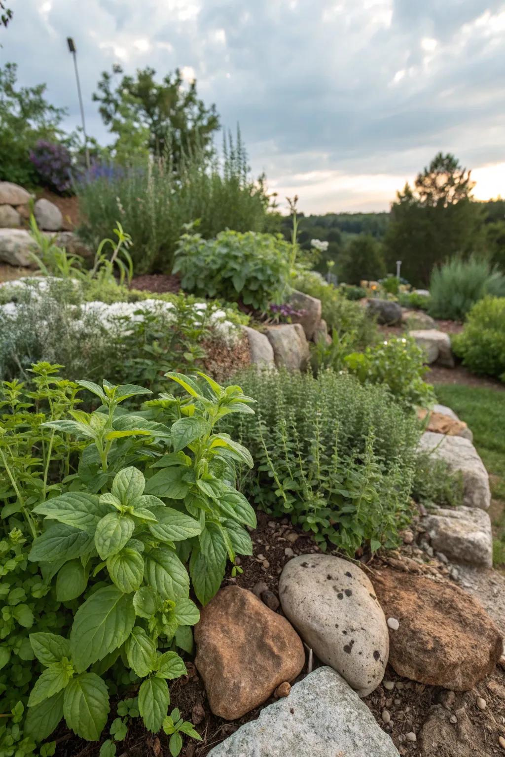Herbs nestled among boulders bestow fragrance and splendor.