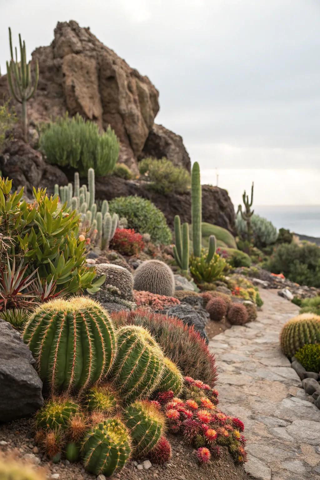 A bright succulent and cactus display set against a rocky backdrop.