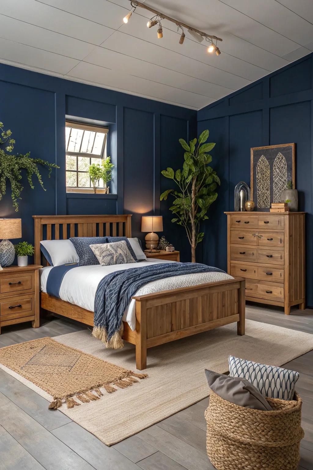 Natural wood pieces offer warmth and balance to deep blue decor.