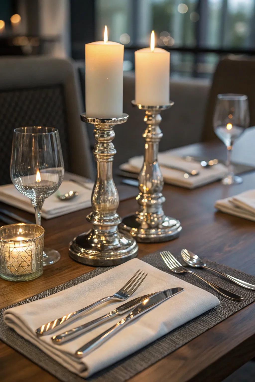 Metal accents provide a refined shimmer to your romantic dining decor.