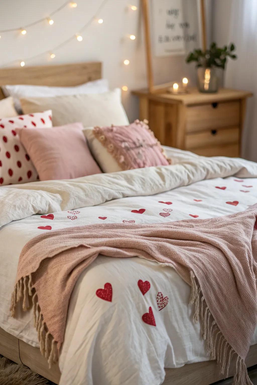 Dream sweetly nestled in bedding adorned with affection-centric linens.