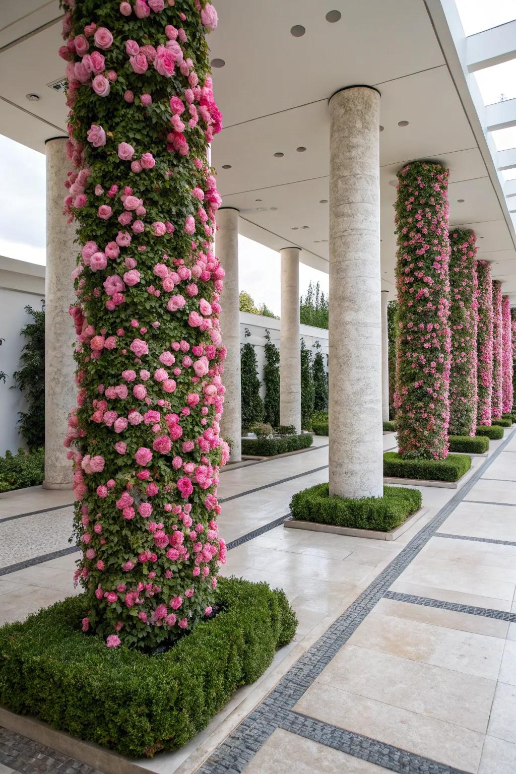 Incorporate a modern flair using formal pillars of sun rose.