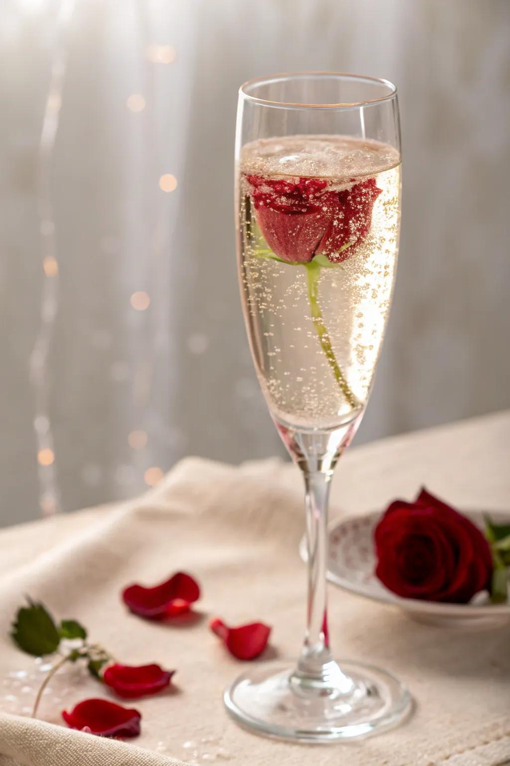 A flute of sparkling vintage with a floral adornment for a romantic toast