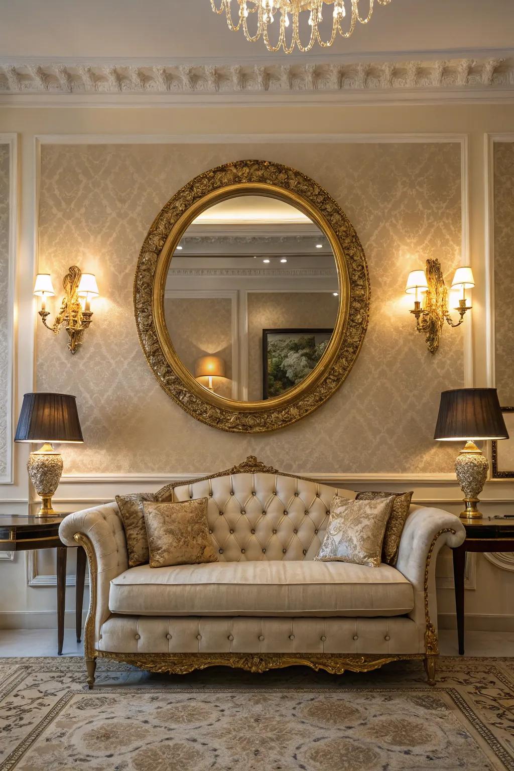Gilded circular mirror adding elegance to a sophisticated living room.