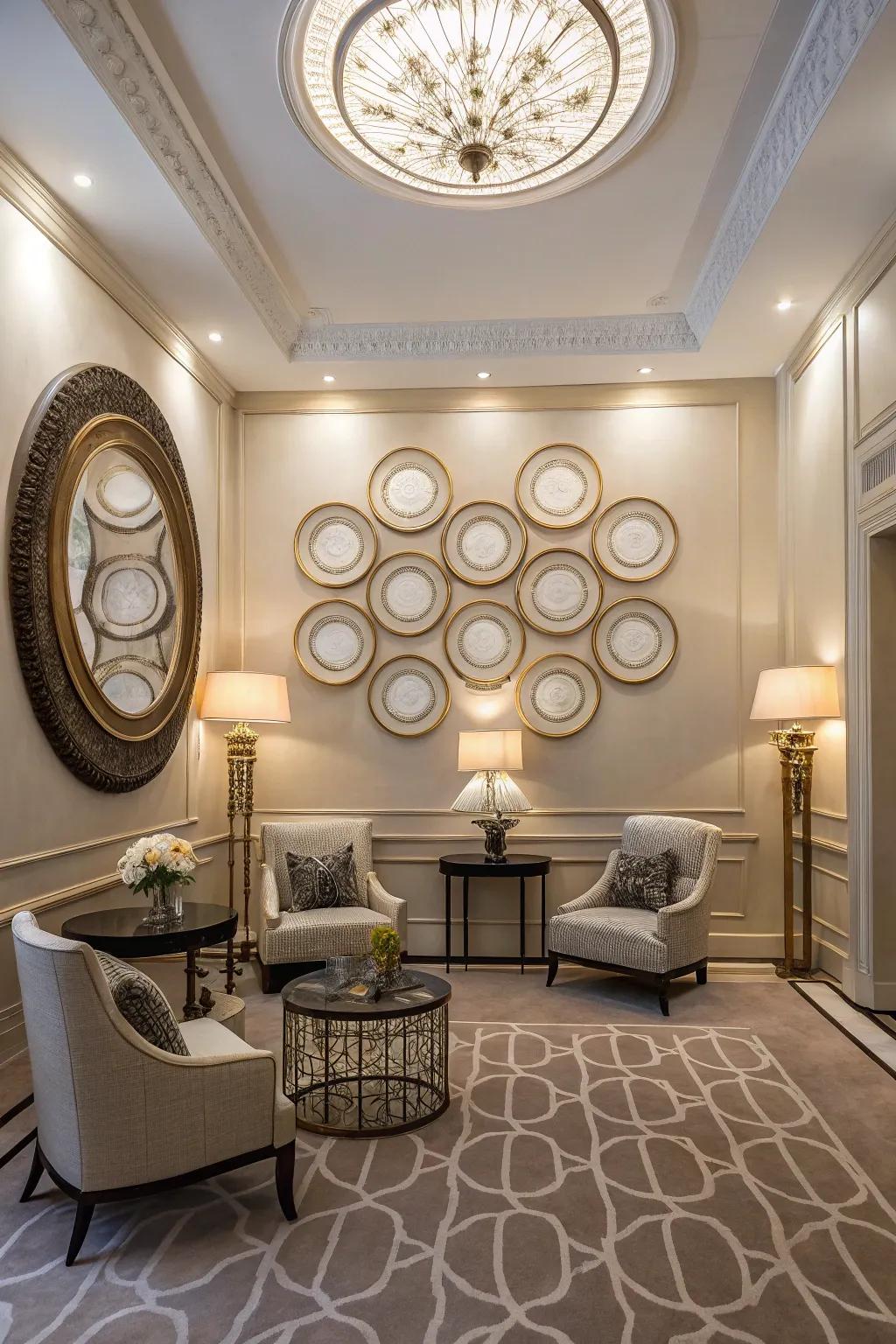 An elegant space featuring symmetric spherical wall decor for a harmonious look.