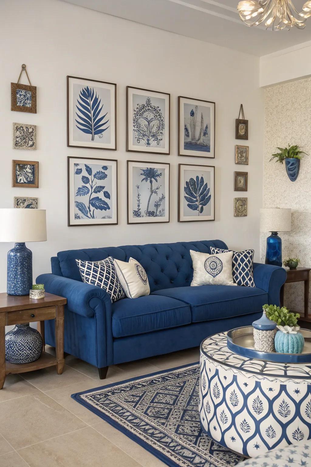 Art pieces featuring blue tones enhance the sapphire-colored couch, creating a unified appearance.