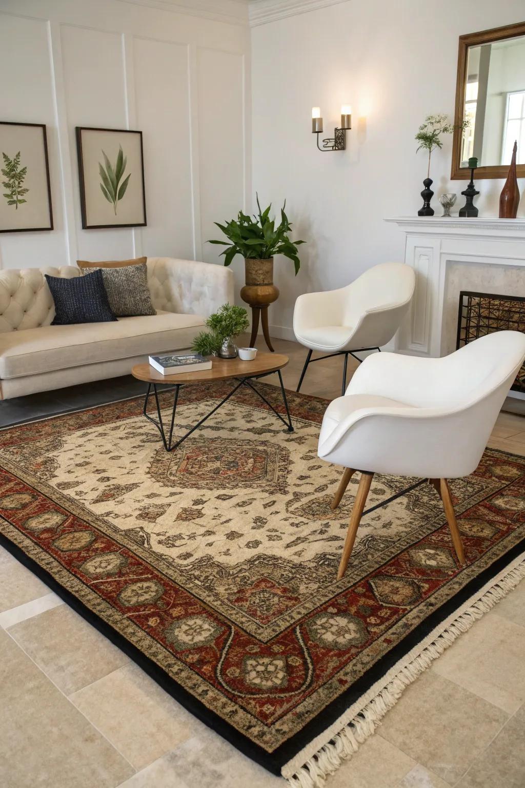 A contemporary floor covering on a classic carpet creates an appealing stylistic blend.