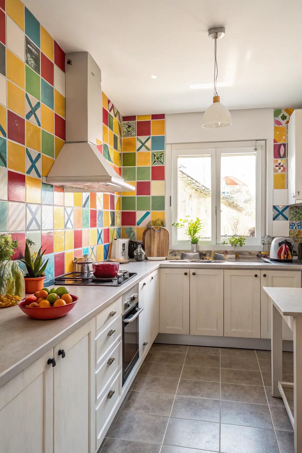A striking backsplash becomes the visual focus of the kitchen.