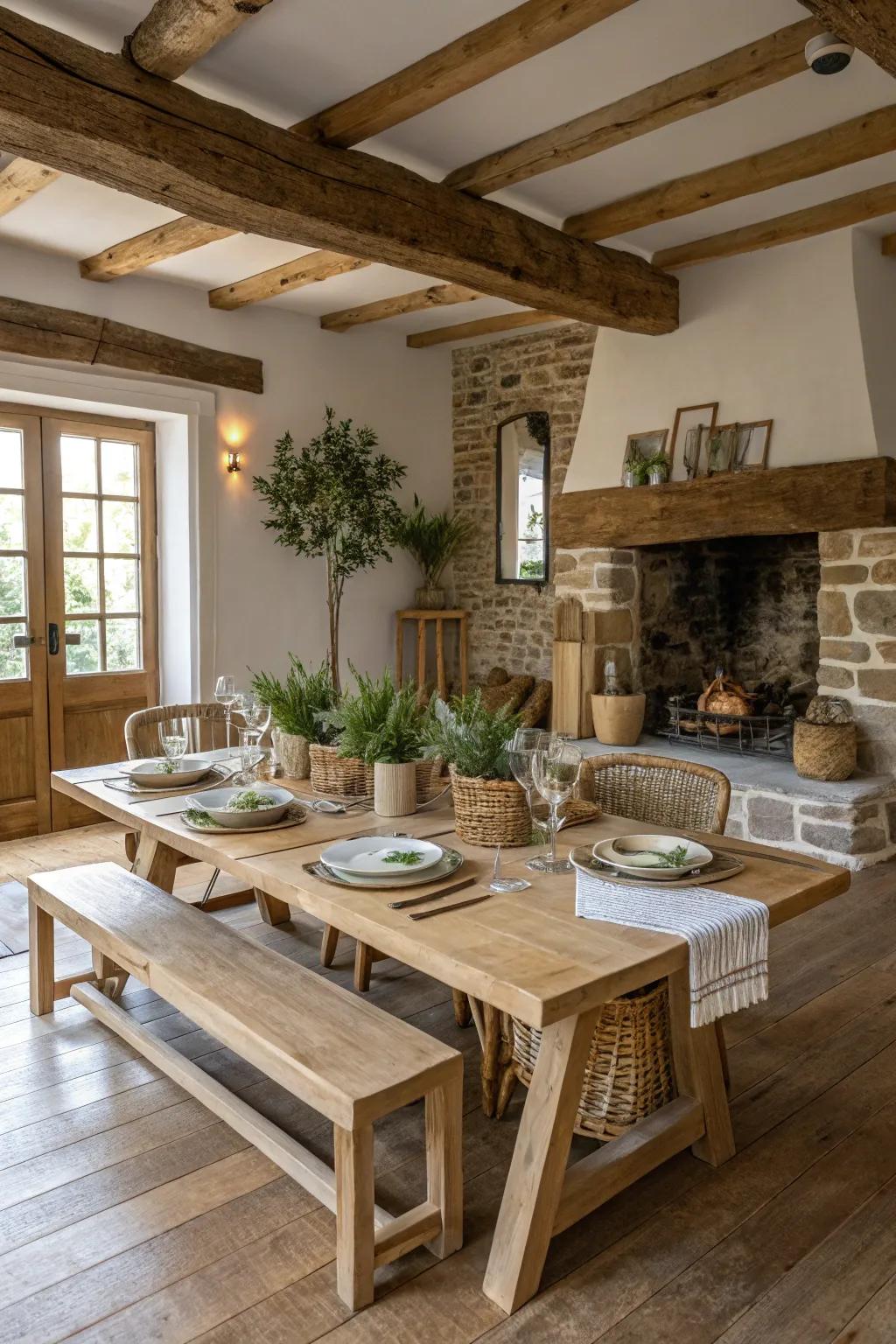 A countryside dining room centered around a farm-style table.