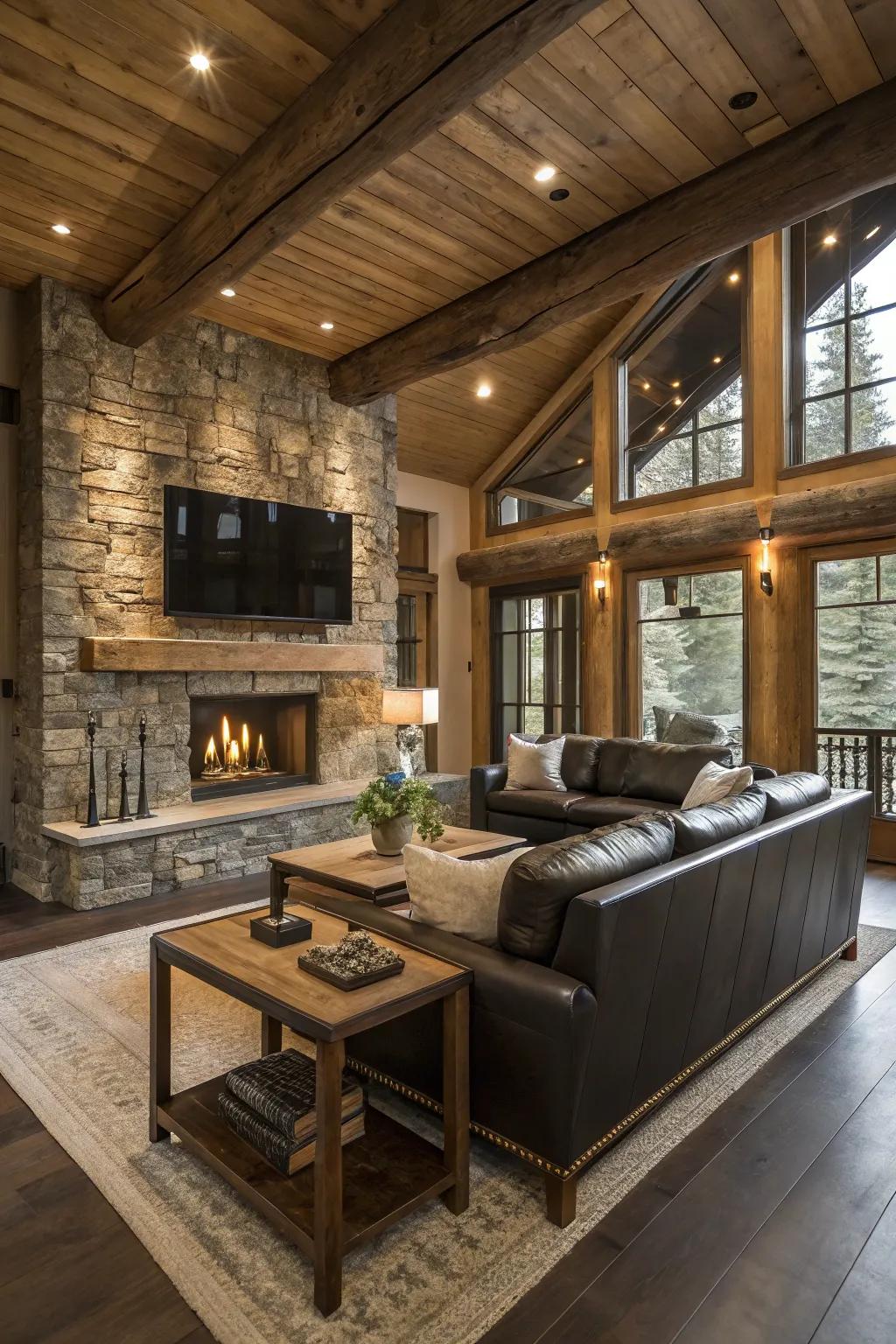 Textural contrast enhances depth to this countryside family room.