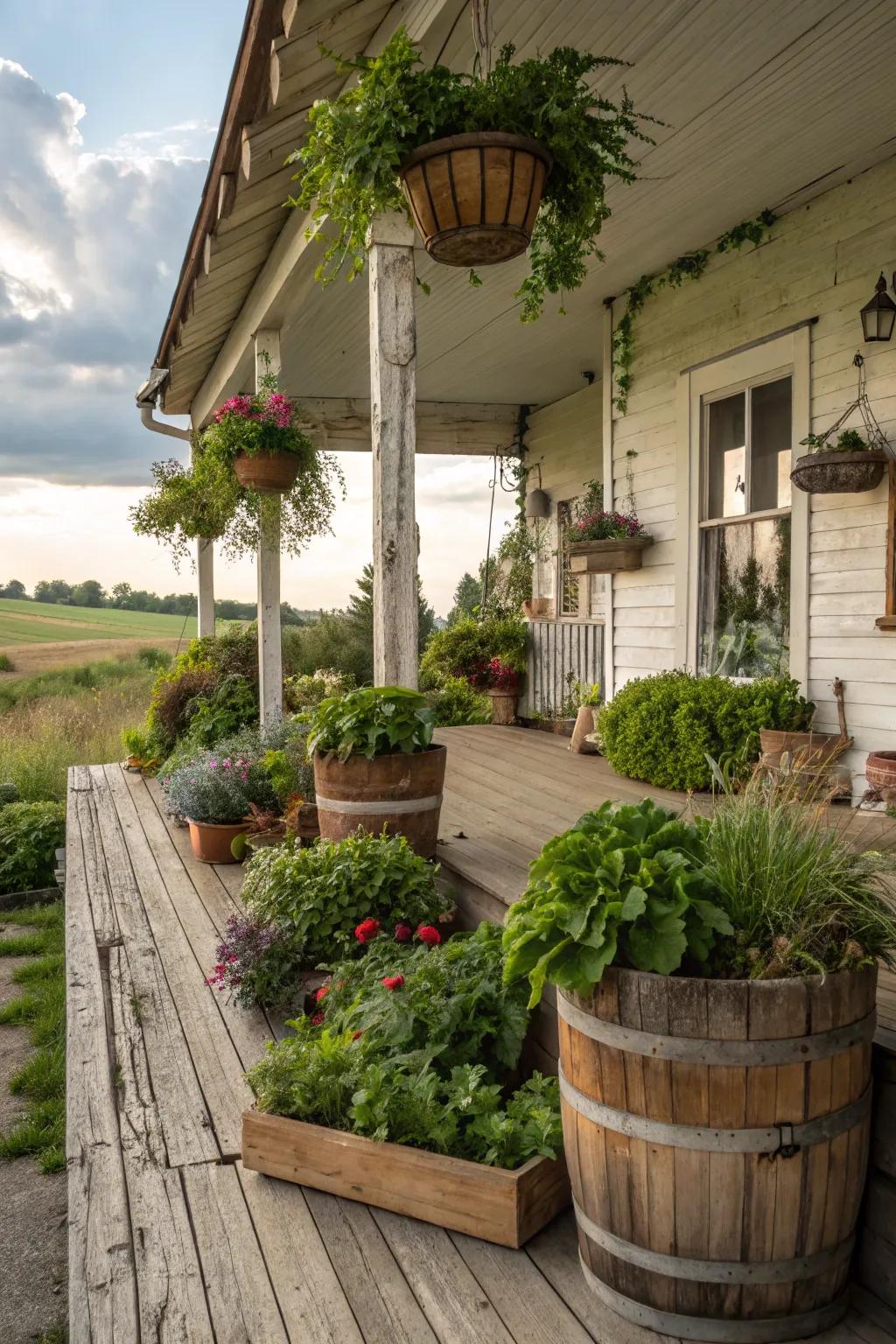 Plush greenery creates a tranquil setting on this farmhouse porch.