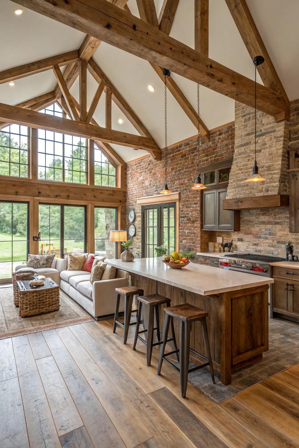 Open-concept arrangement melding a kitchen and living space.
