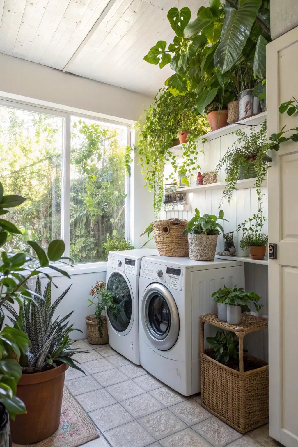 Plants add a vibrant, natural touch to the washing room.