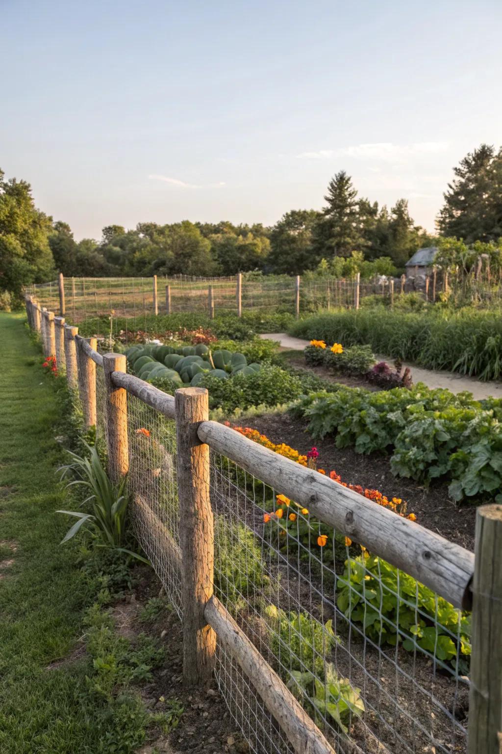 A log fence with metal netting safeguards a flourishing vegetable garden from wildlife.