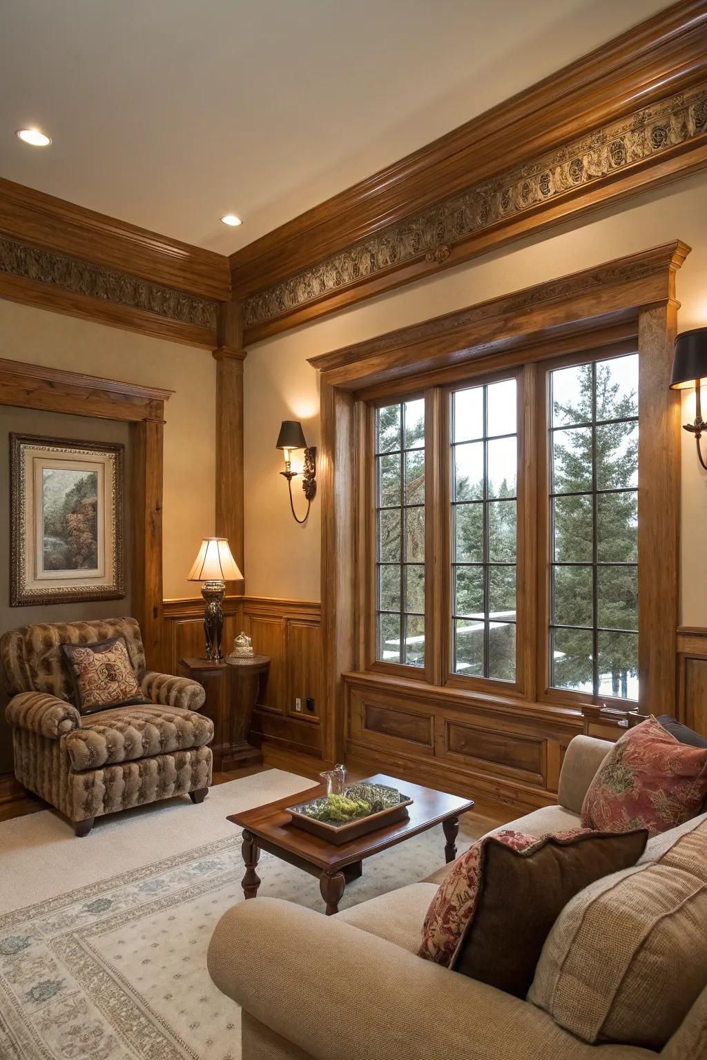 Crown molding contributes elegance to country fir accents.