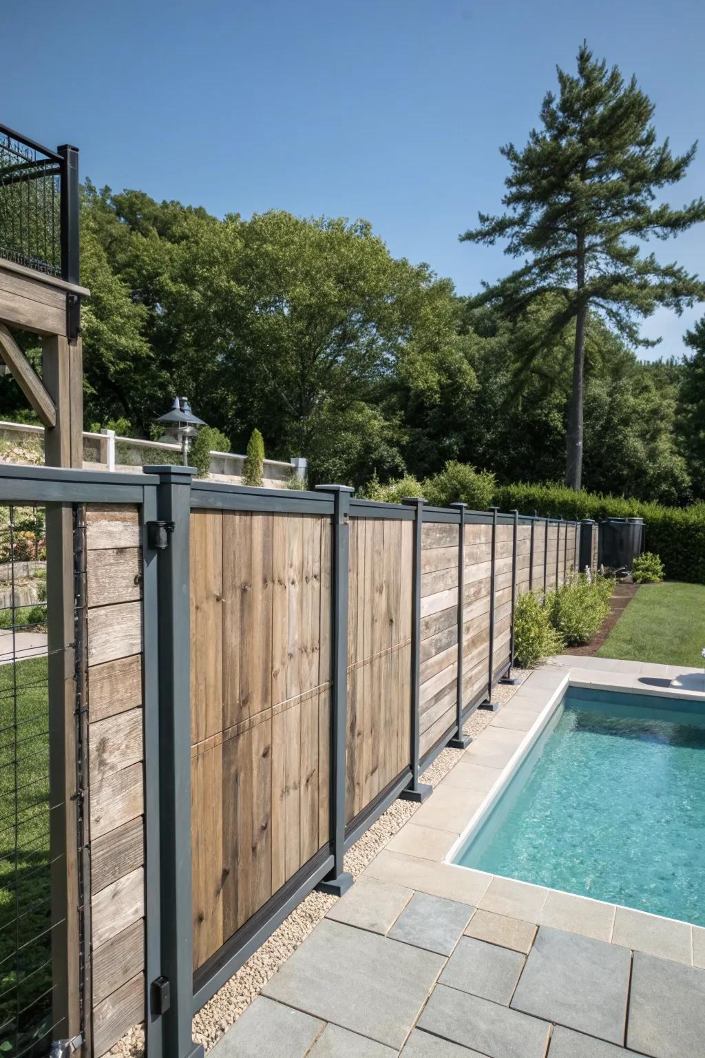A modern countryside fence with timber and metallic components.
