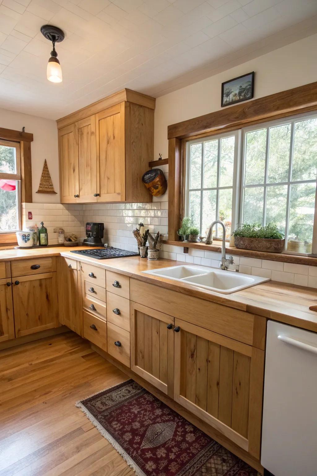 Solid wood worktops introduce coziness and practicality to the kitchen.