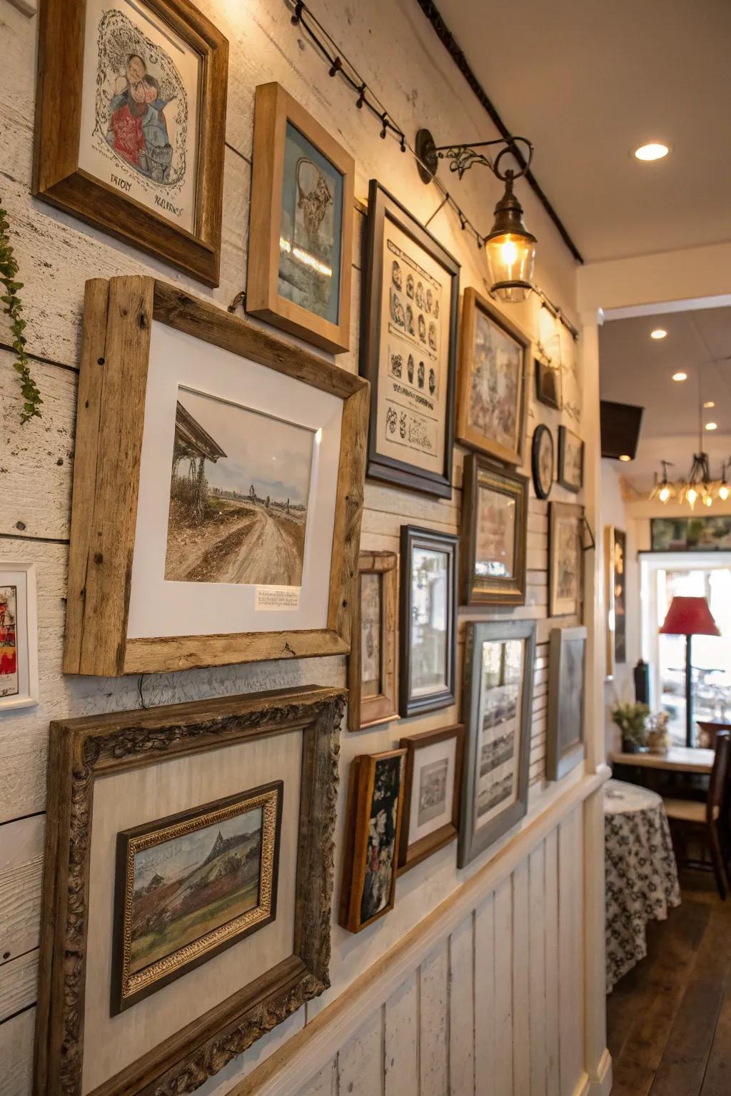 A country-inspired gallery wall showcasing a mix of timber frames and time-worn artwork.