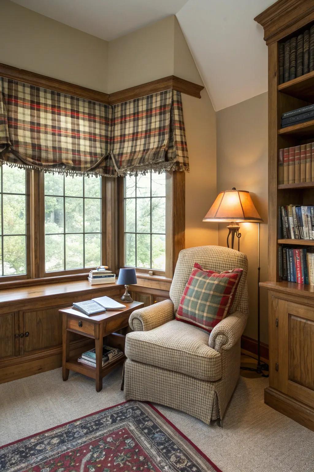 A snug reading space featuring a tartan valance that adds a classic country element.