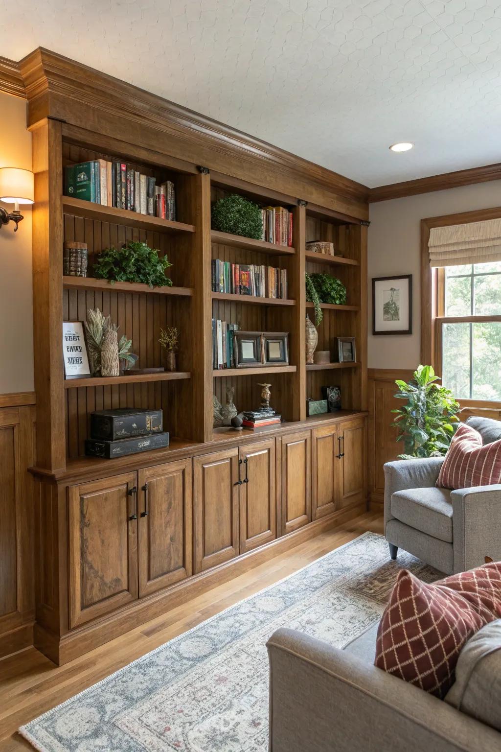 Fitted shelving with paneling provides a stylish and practical feature.