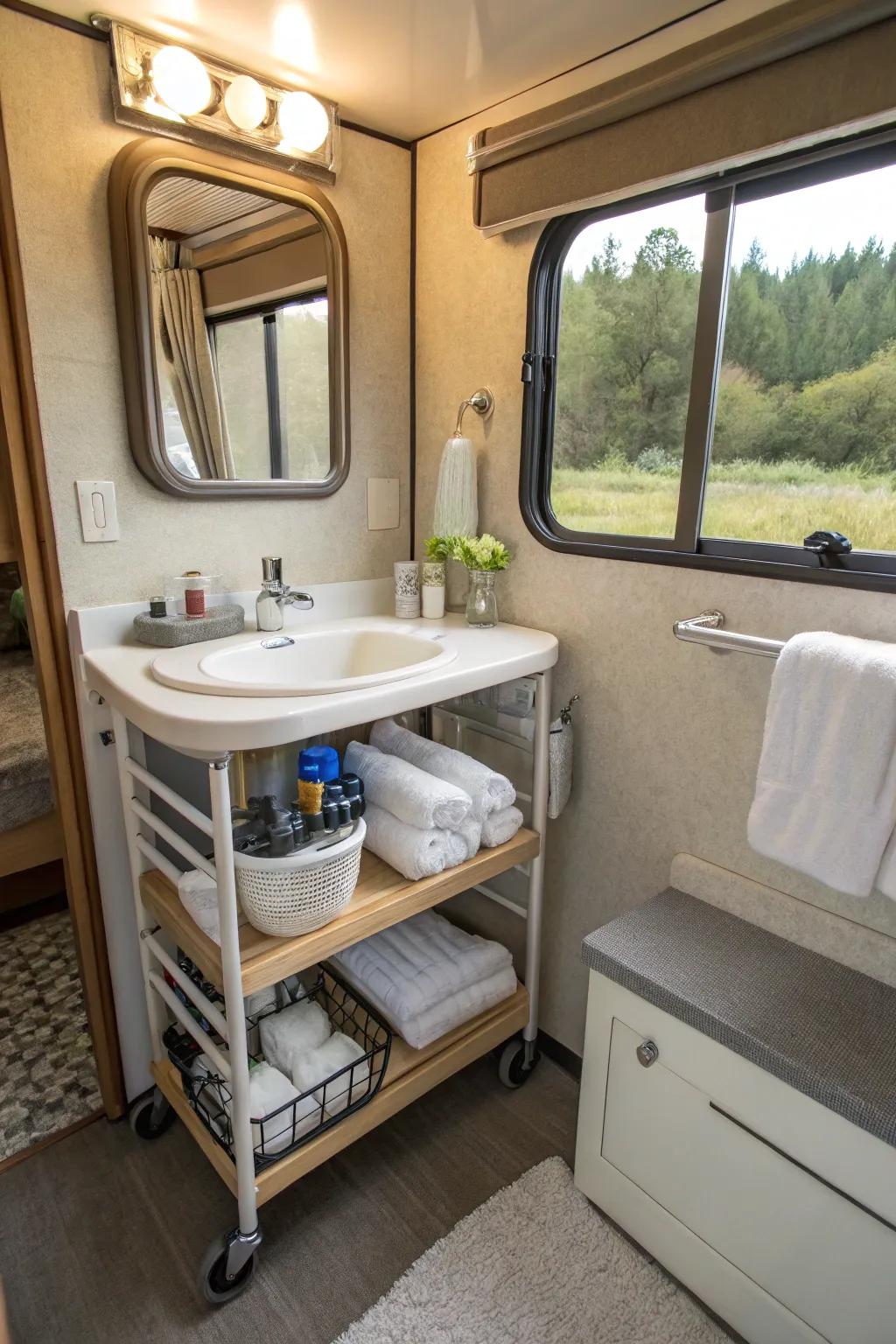 Incorporate flexible storage with a slim cart.