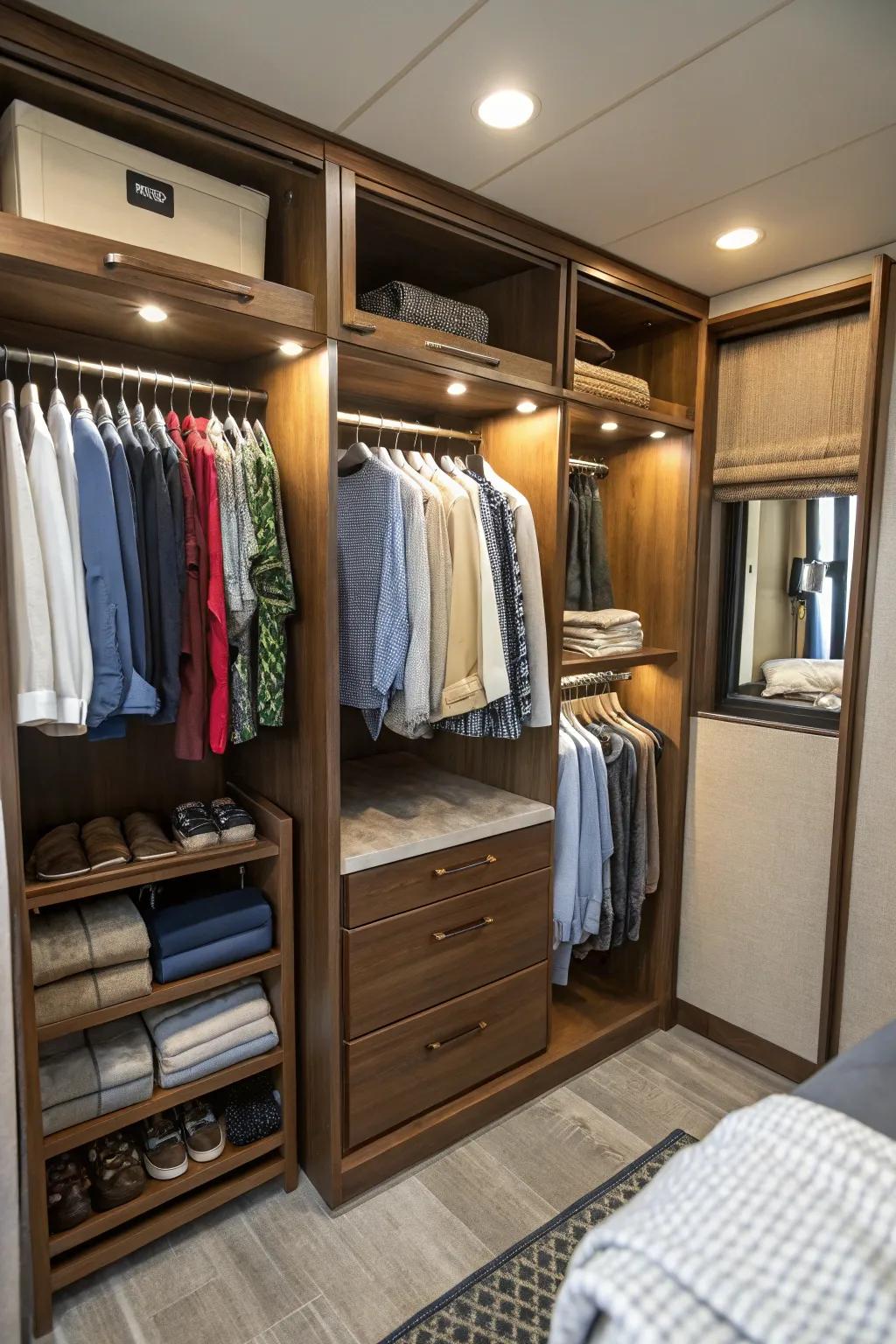 Shelf partitions help maintain a neat and organized RV closet.