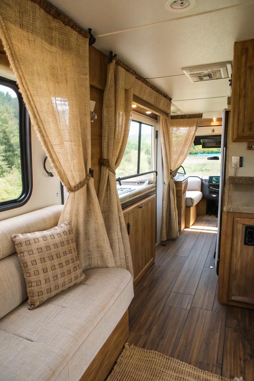 Bring rustic elegance to your RV with coarse fabric coverings.
