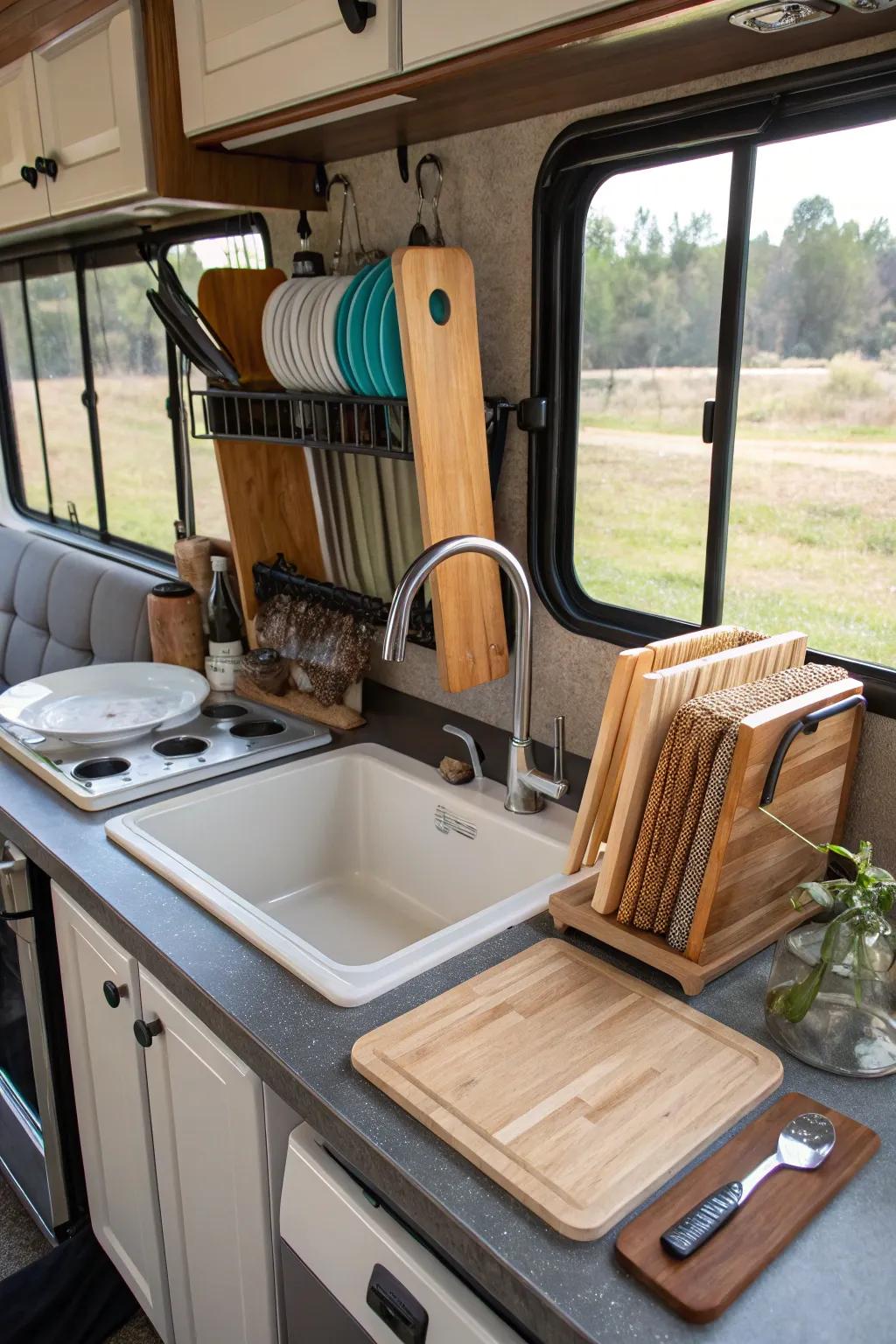 A multitasking sink in an RV.