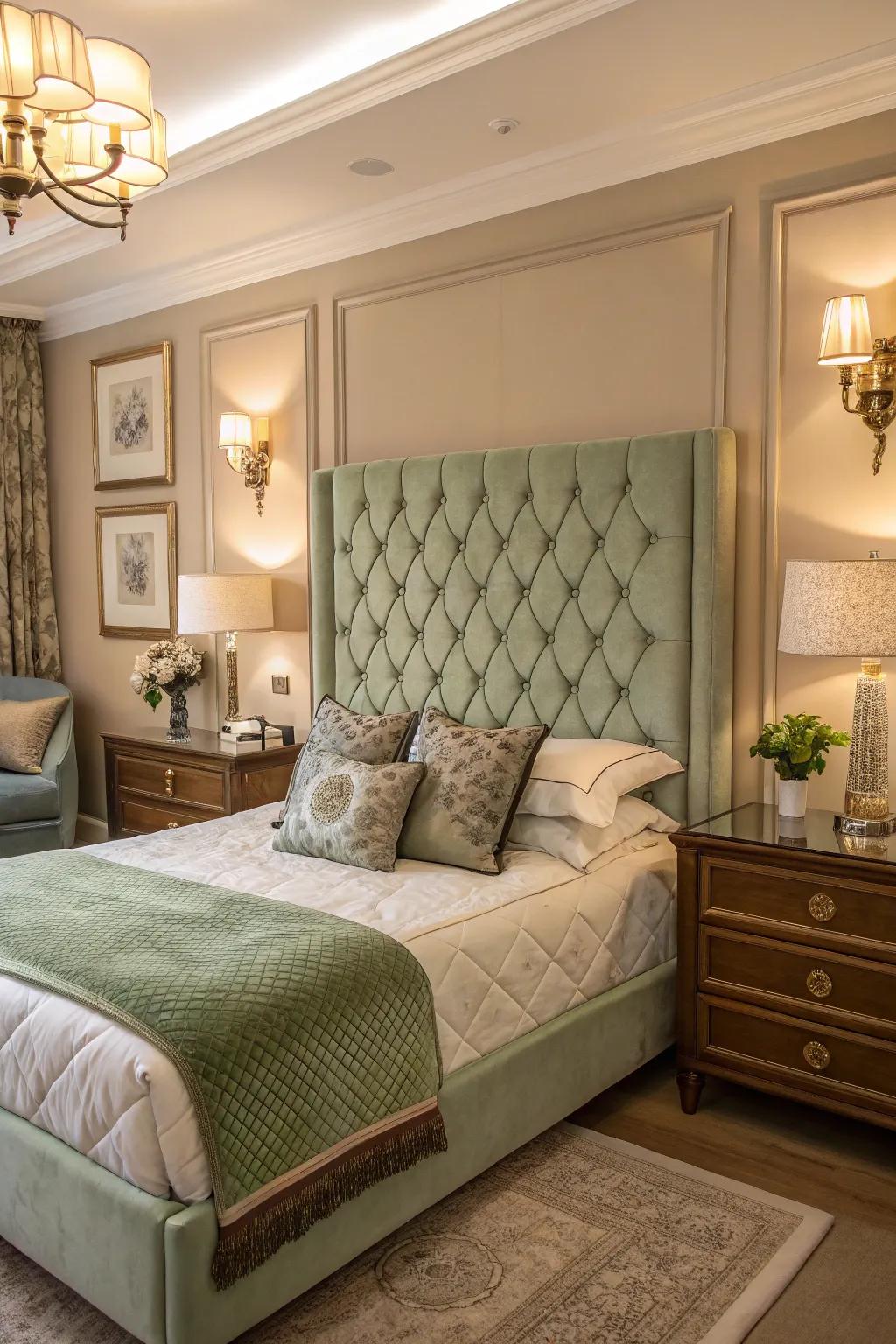 A sage green upholstered headboard adds elegance and tranquility to your bedroom.